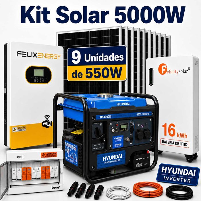 Kit Solar Autossuficiente de 5000W C/Gerador Hyundai e Bateria 16KW Felicity Solar