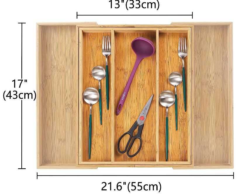 Bambusowy organizer na sztućce z 5 przegrodami regulowana wielkość