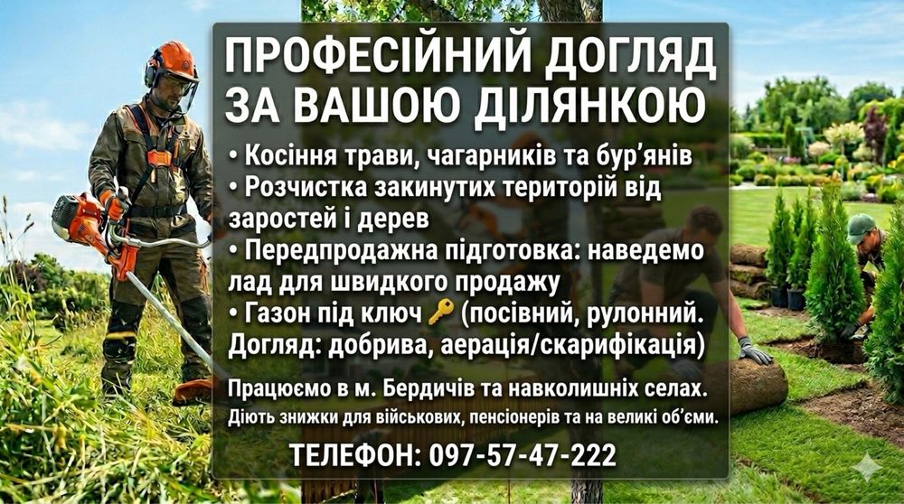 Косіння трави, зрізанння дерев, благоустрій та догляд за ділянкою