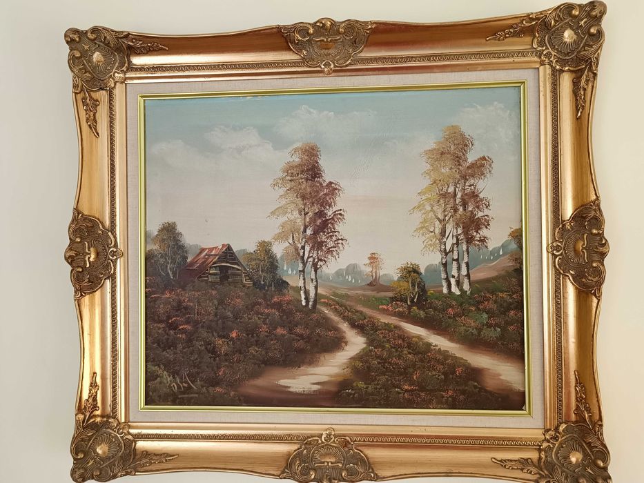 Obraz olejny na desce z pozłacana ramą.