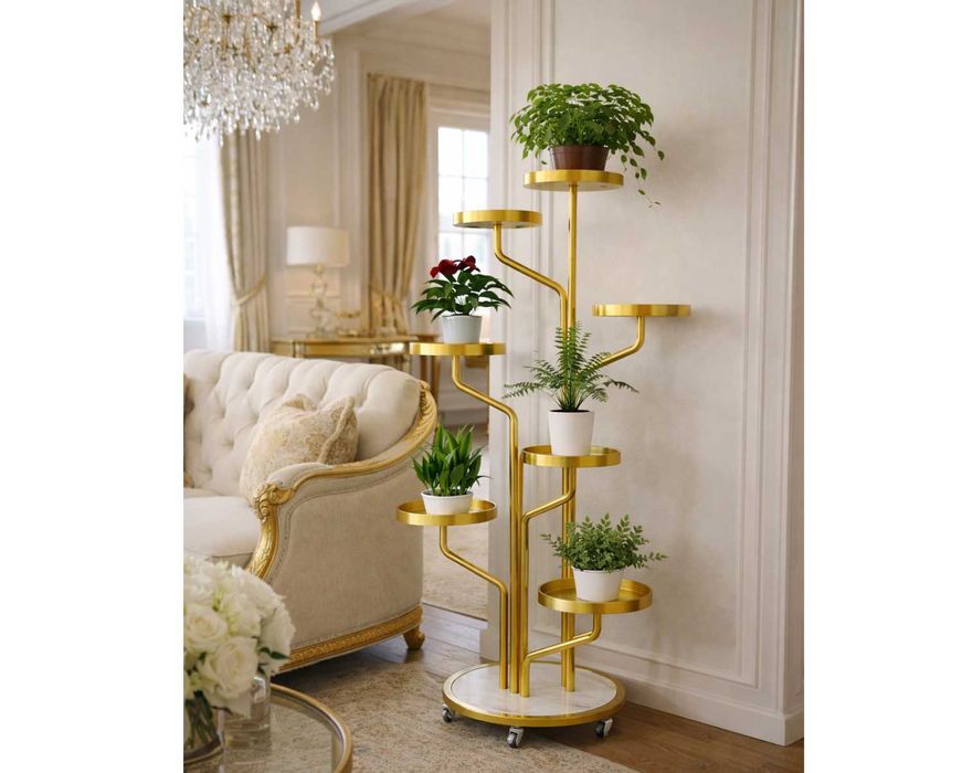 NOWY Kwietnik Drzewko Stojące Złoty Wysoki Stojak Metalowy Loft Kółka