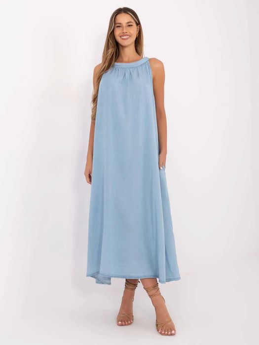 Niebieska Sukienka Maxi Oversize 100% Lyocell Italy Moda