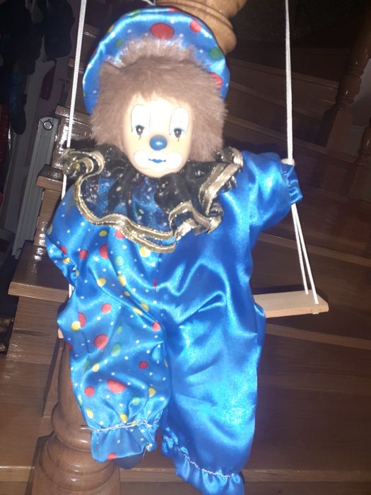 Vintage clown decoration on swing, 35 cm tall