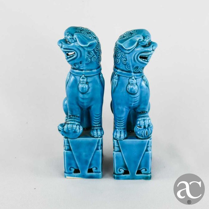 Par de Cães de Foo porcelana da China em Azul-turquesa