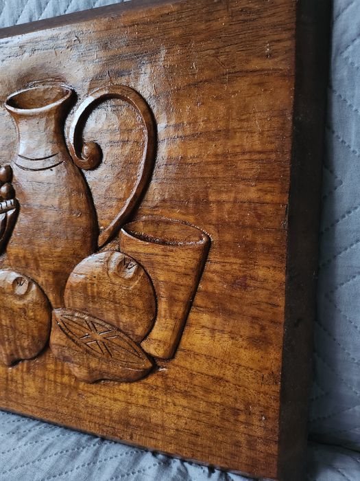 Płaskorzeźba drewno gube  Patera  z owocami SNIADANIE