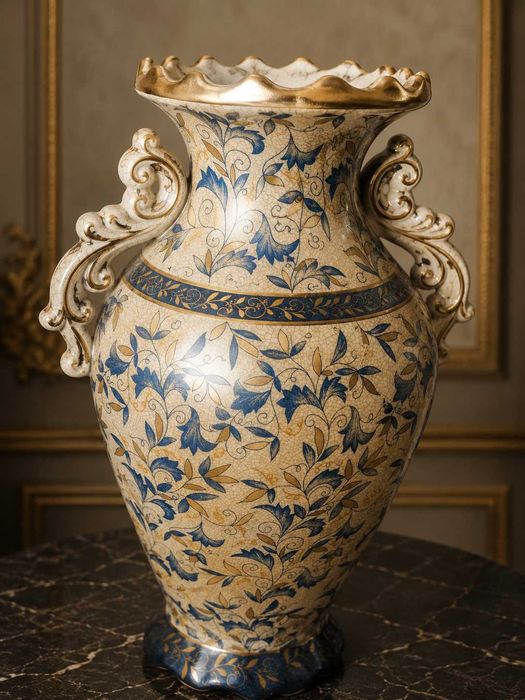 Antiga Jarra/ânfora em porcelana azul prússia e dourado