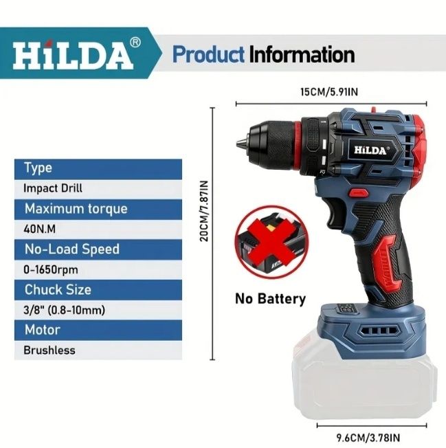 Компактна безщіткова дриль, шуруповерт HILDA