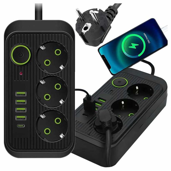 Listwa zasilająca przedłużacz 2m 3 gniazda + 5 portów usb