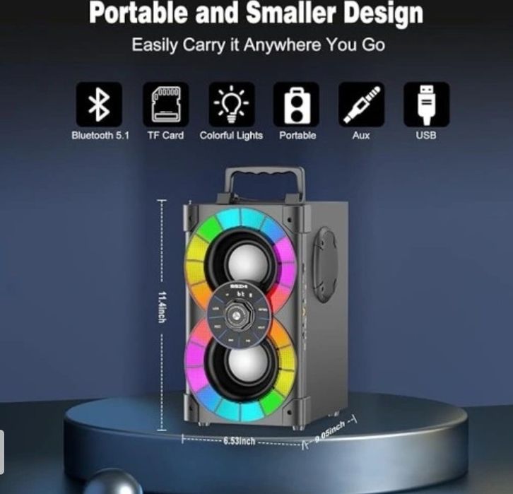 Głośnik przenośny Bluetooth 80 W radio FM światłami LED subwoofer + pi