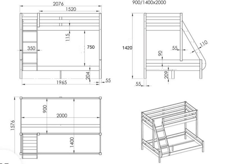 Cama beliche 3 pessoas (colchão 140 + colchão 90) + Colchões