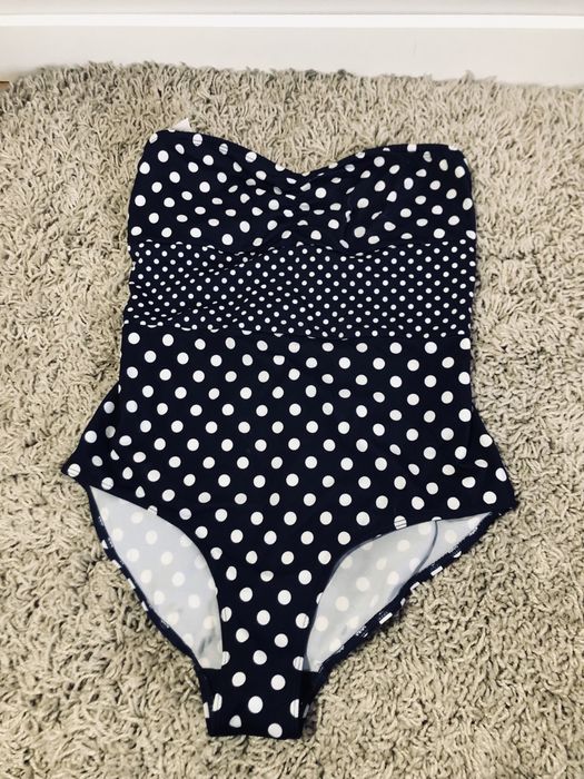 Bikini jednoczesciowy stroj kapielowy granatowy w biale kropki s