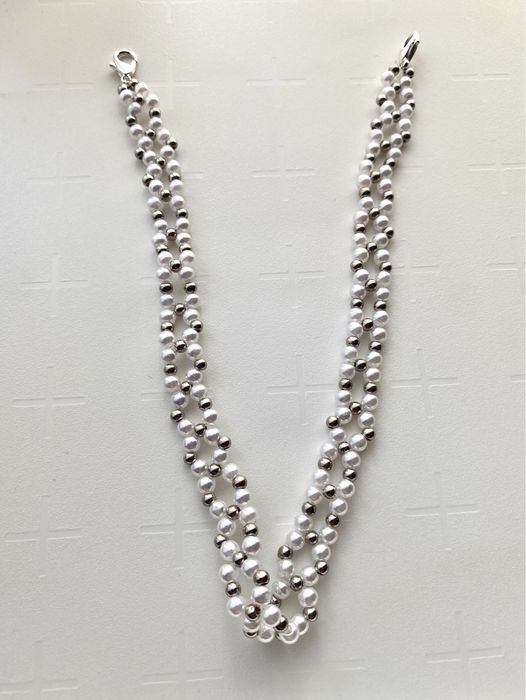 Perłowo-srebrny choker z koralików handmade