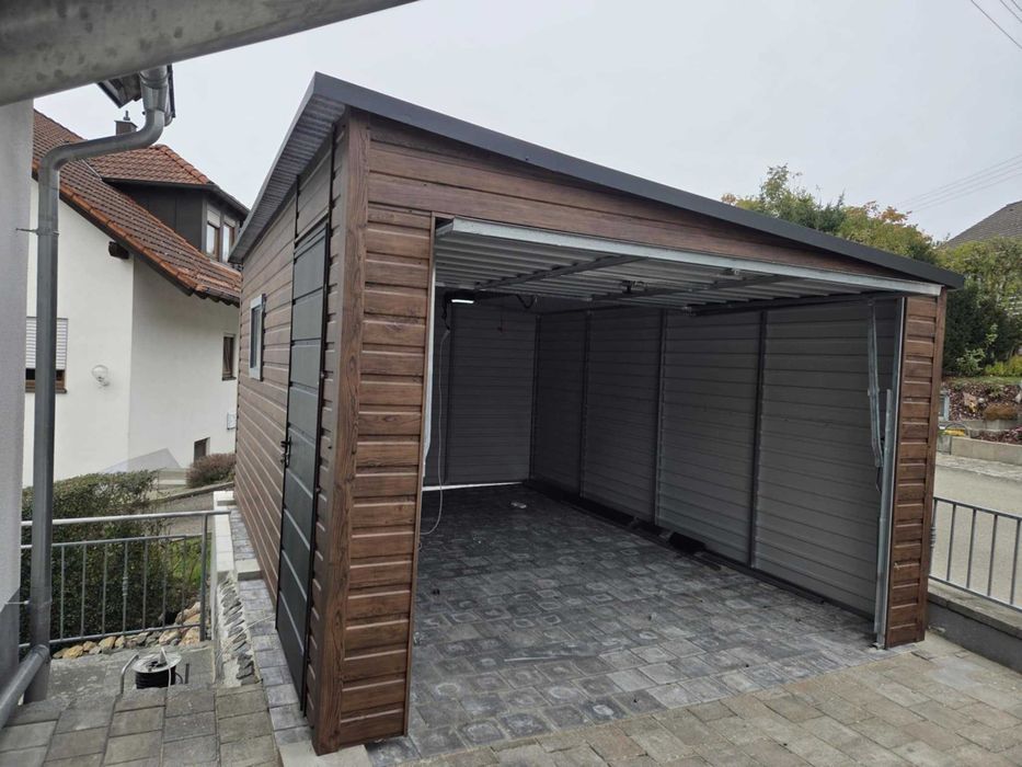 Garaż blaszany 3,5x5m Drewnopodobny Orzech Grafit + Montaż
