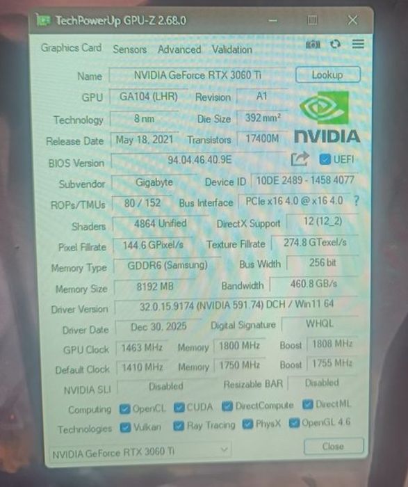 RTX3060Ti 8gb Gigabyte (памʼять SAMSUNG) потужна ігрова відеокарта