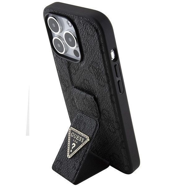 Etui Guess Grip Stand 4G Triangle Strass na iPhone 15 Pro - czarne