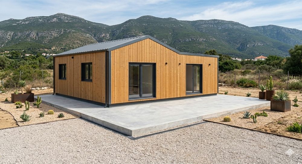Montagem de casas pré-fabricadas, fabrico de laje radier ou estrutura elevada em madeira ou caixa de ar em betão térmico.