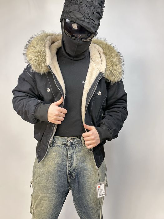 Черный бомбер с мехом на капишоне аляска куртка курточка пуховик хутро fur bomber MA-1 jacket archive opium black S M L XL оверсайз архив опиум С М Л