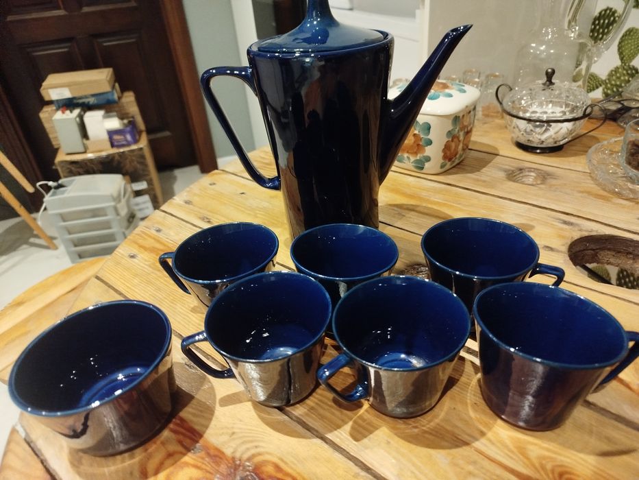 Stary estaw porcelanowy do kawy, herbaty IRA kobaltowy, granatowy