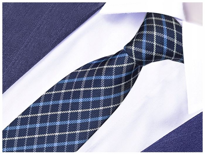 Żakardowy Krawat Męski W Kratkę Slim Fit Wąski Śledż Granatowy Greg Gw