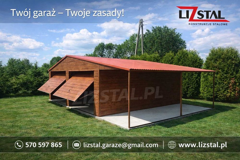 Garaż z wiatą 6x6, wypusty dachu, segmentowa