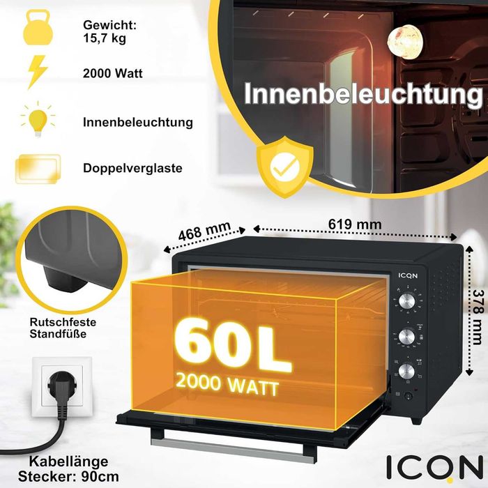 ICQN Minibackofen 60 litrów XXL , 1800 W ,Umluft Pizza-Ofen