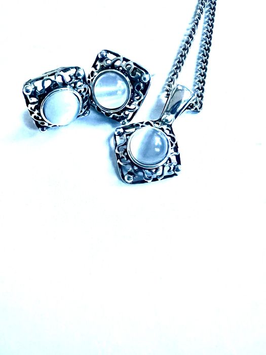 Naszyjnik i kolczyki komplet Miraż z oksydowanego srebra z kocim okiem