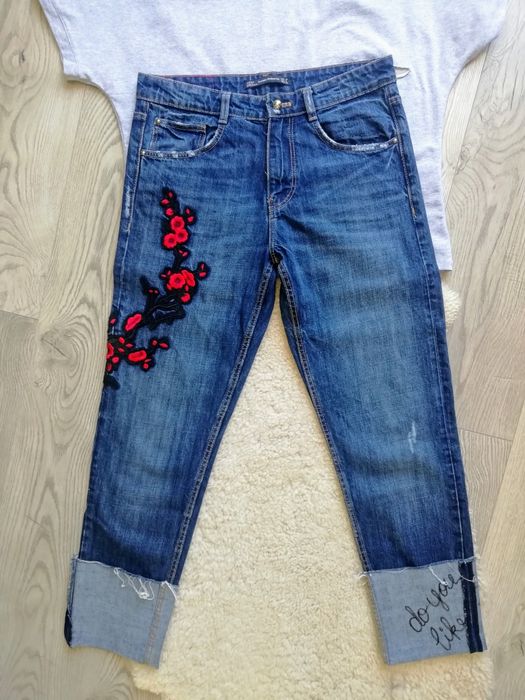 Jeansy haft napis na nogawce Zara Trafaluc denim wear S M 36 38