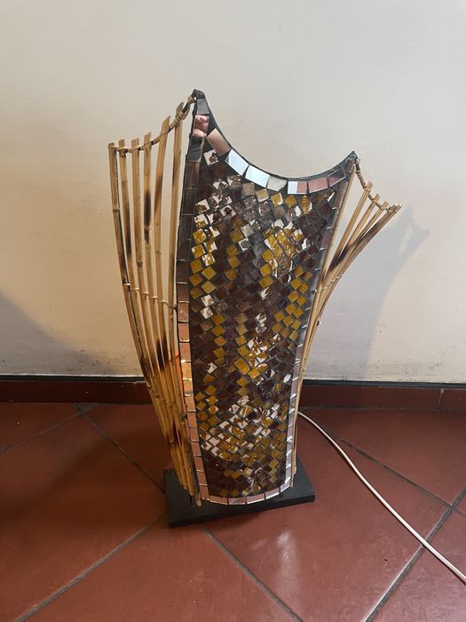 Kolekcjonerska lampa bambusowa handmade vintage materiałowa