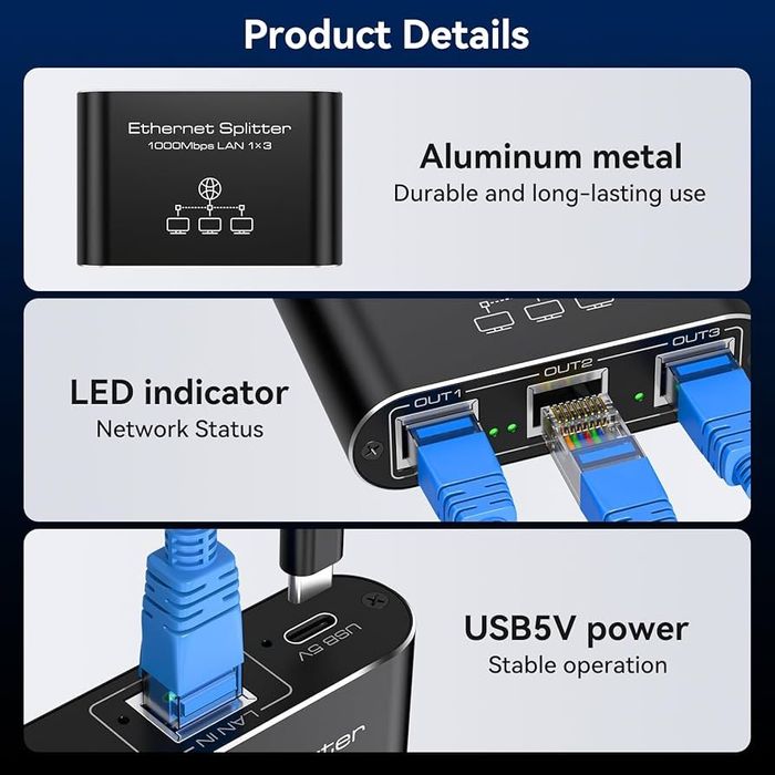 Rozdzielacz sieciowy VEDINDUST 1do3 przełączników Ethernet 1000Mb/s.