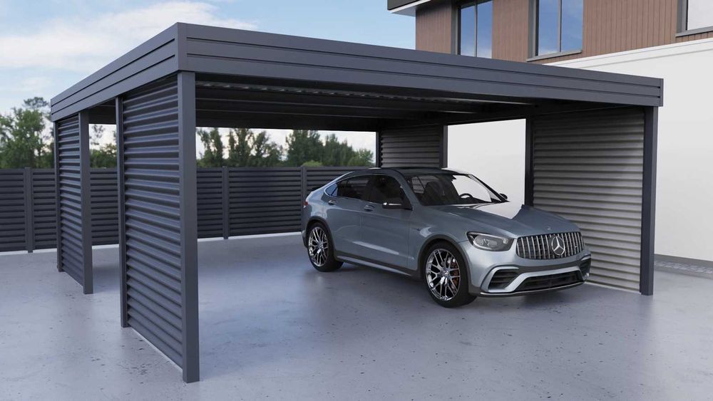 Wiata na 2 Auta 5,5x5,5m | ŚCIANKI FALISTE | Solidna Stal 100x100 |