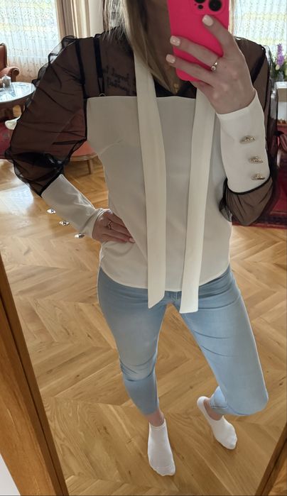Biało-czarna elegancka bluzka siateczka wiązanie ozdobne guziki