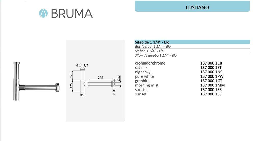 Sink Trap, Chrome-Plated Brass - BRUMA Lusitano - NEW64740463117698123