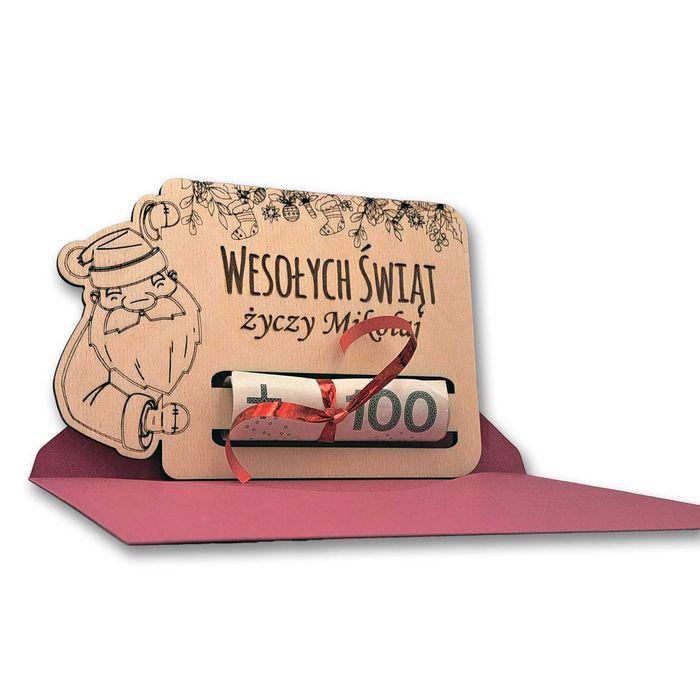Kartka Świąteczna na Mikołaja z Drewna – Elegancki Prezent na Gotówkę!