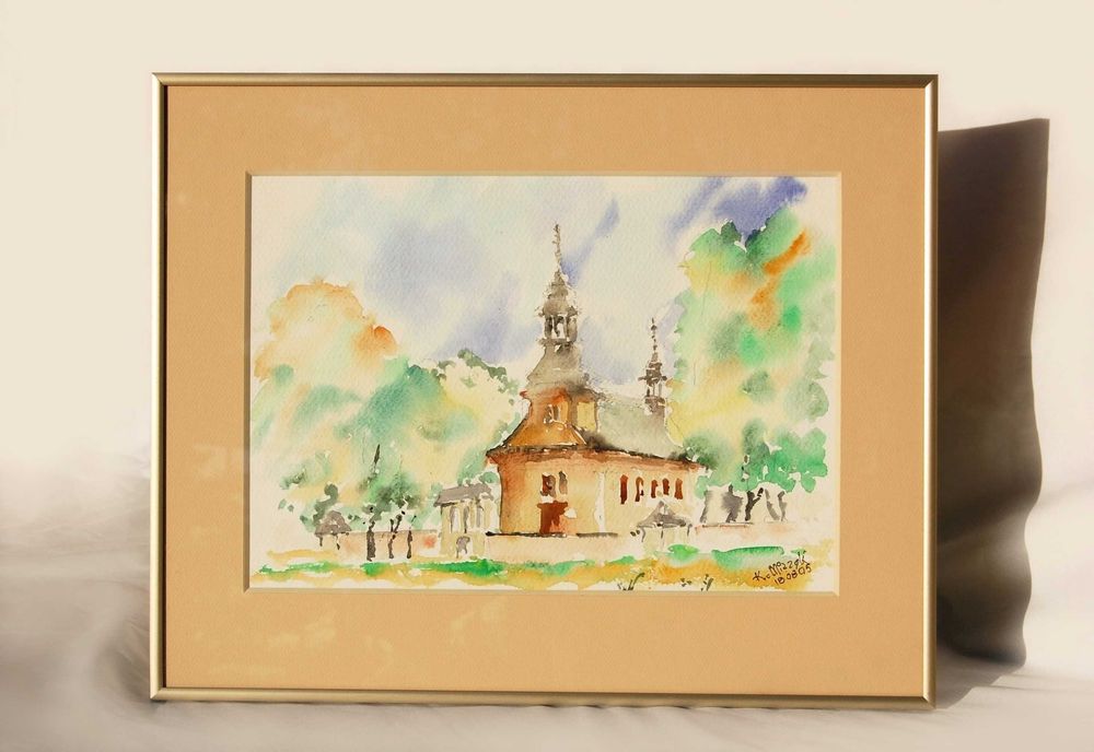 Krzysztof Miazek, architektura drewniana, cerkiew, akwarela