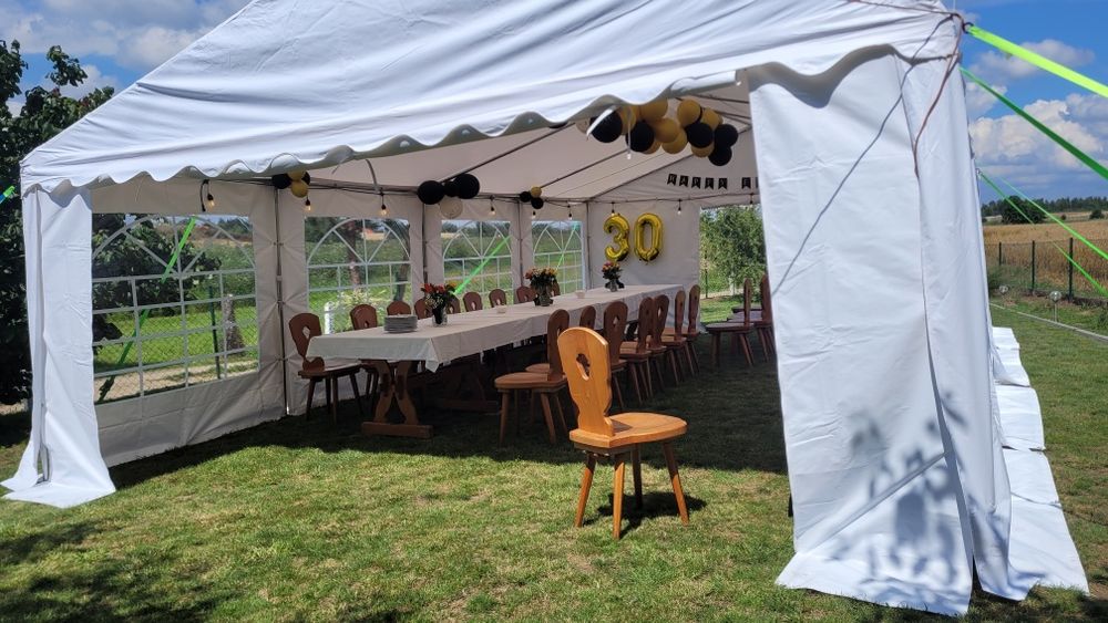 WYNAJEM NAMIOTU 5x8 z oświetlenie + stoły i krzesła na 40 osób .