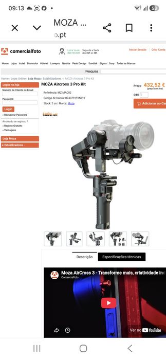 Gimbal MOZA AIRCROSS 3 - Estado do equipamento, novo, nunca usado profissionalmente, montado uma vez para testar nada mais.