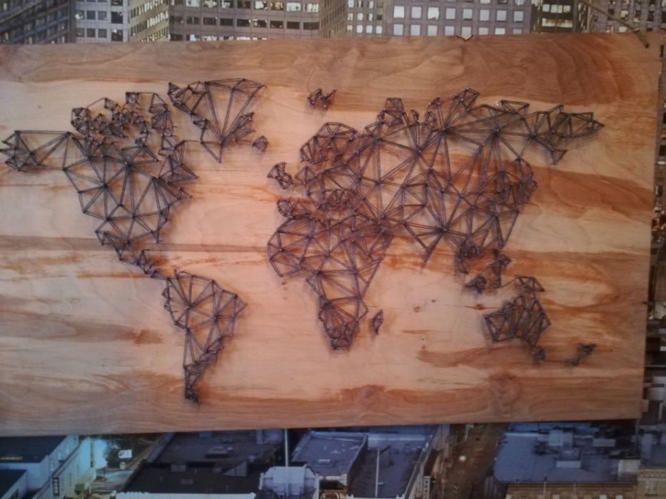 Картини гвіздками та нитками, stringart, карта мира, геометрия