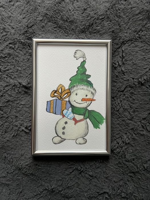 Obrazek w ramce, akwarela, zima, bałwan, święta, boże narodzenie