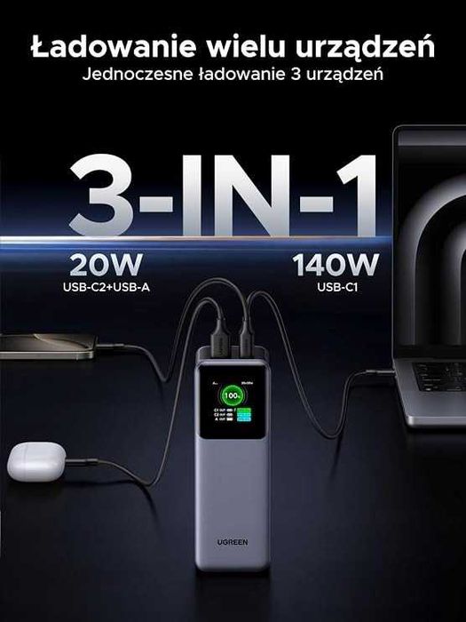 UGREEN Nexode Power Bank 25000mAh – USB-C PD 100W, wyświetlacz TFT, A- & B