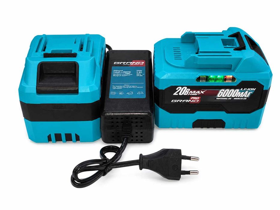 Акумулятор GRAND 20В 6Аг АКБ-20/6 Makita Procraft Eltos Stromo Vitals + зарядка штекер 3А / набір 2 АКБ + швидка подвійна зарядна  станція 2×4А