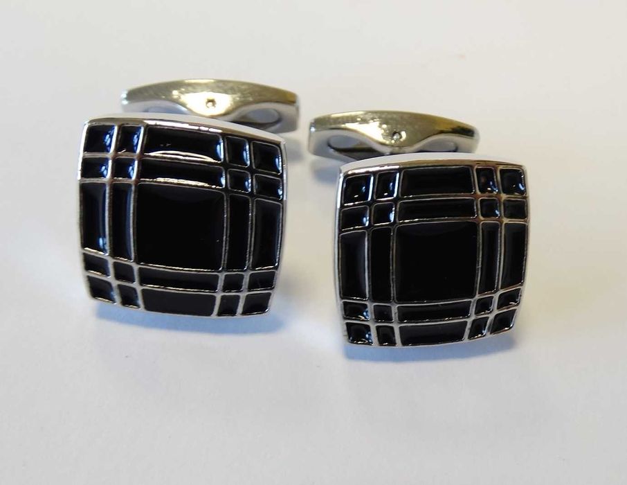 Spinki mankietowe do mankietów koszuli czarne kwadratowe srebrne nowe