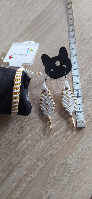 Kolczyki i bransoletka handmade złoto biel