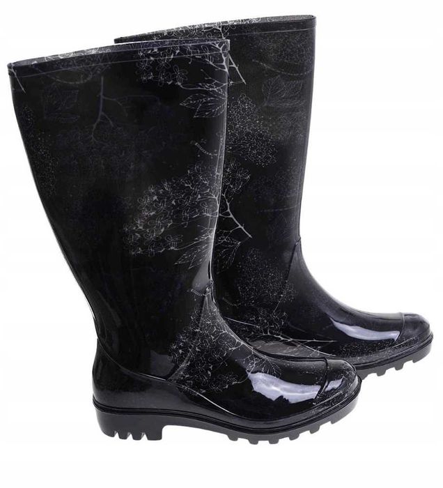 Kalosze damskie czarne wysokie gumiaki z białym wzorkiem rozmiar 40