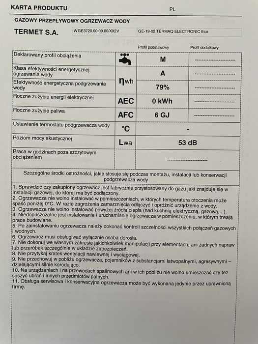 Przepływowy podgrzewacz wody Termet Termaq Ge-19-02
