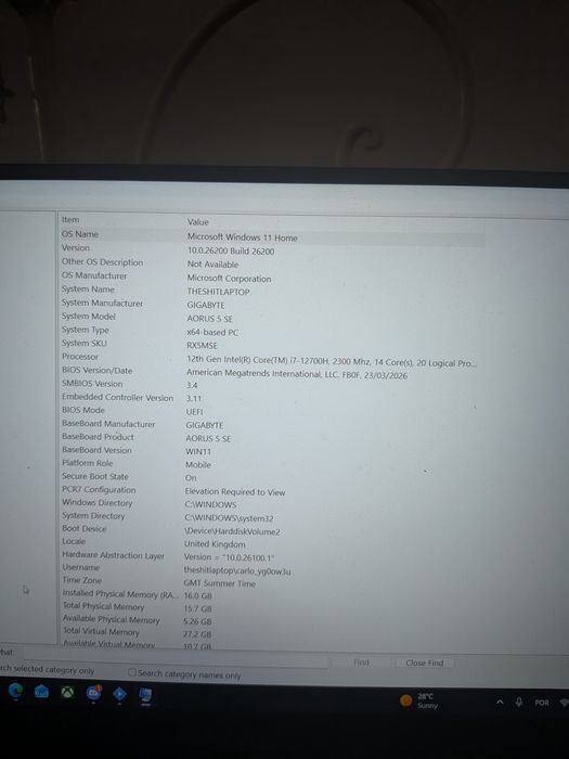 Gaming laptop Gygabite Auros 5se RTX 3070 Intel i7
