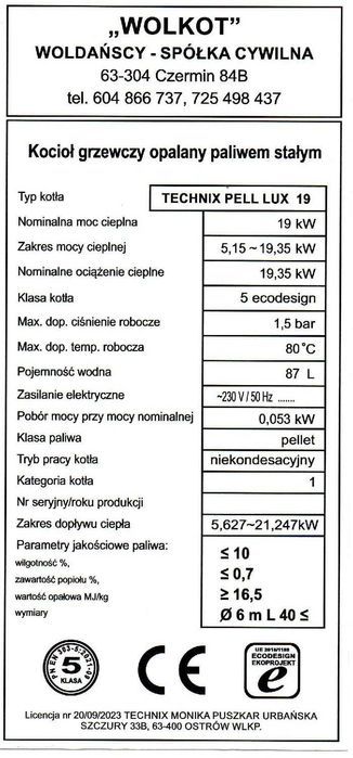Kocioł piec 19kW pellet 5klasa WOLKOT dotacja kotły
