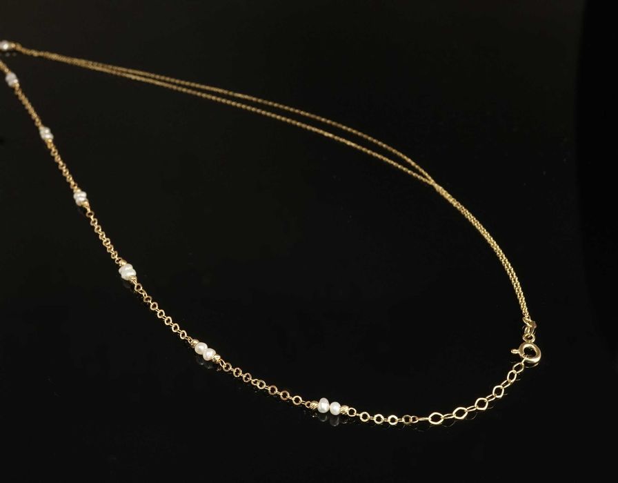 Złoto- 585 złoty damski naszyjnik łańcuszek z perełkami