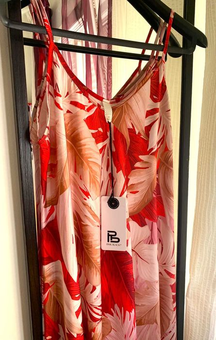 Vestido comprido fluído, tons vermelhos e bege, T. Único