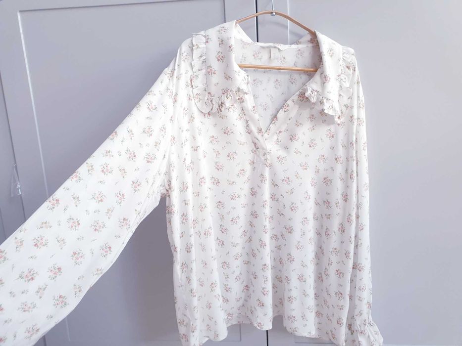 Biała romantyczn bluzka koszula z dużym kołnierzem retro 48 50 H&M Mama
