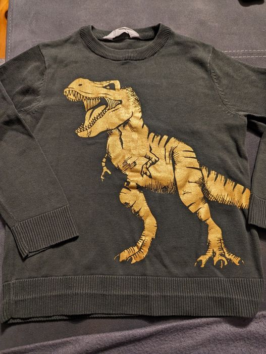 110 h&m sweterek zielony złoty dinozaur 110-116 bdb
